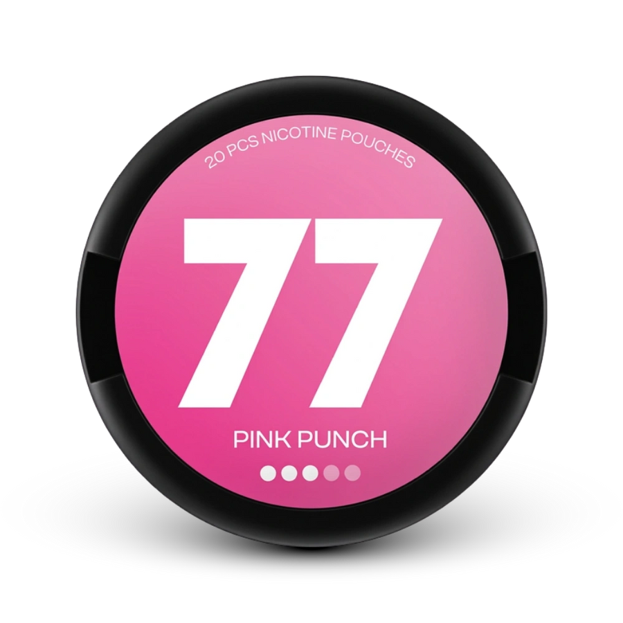 77 Nicotine Pouches Pink Punch, 20 piezas, fuerza media, lata rosa y negra