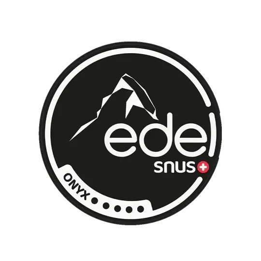 Logo Edel Snus Onyx con motivo de montaña sobre fondo negro, marca suiza de Snus