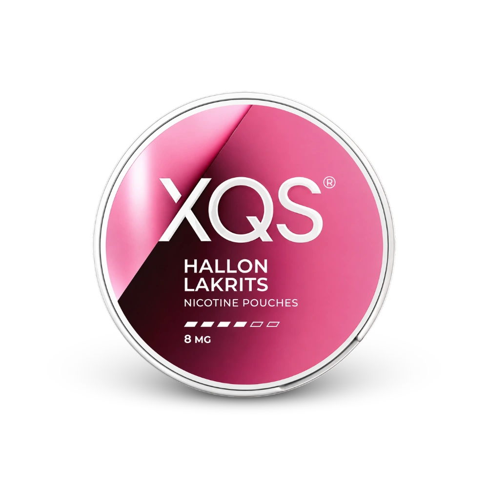 XQS Hallon Lakrits Slim Strong – lata de bolsas de nicotina
