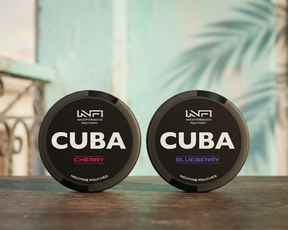 Bolsas de nicotina Cuba en sabor cereza y arándano de Nicotobacco Factory en latas negras