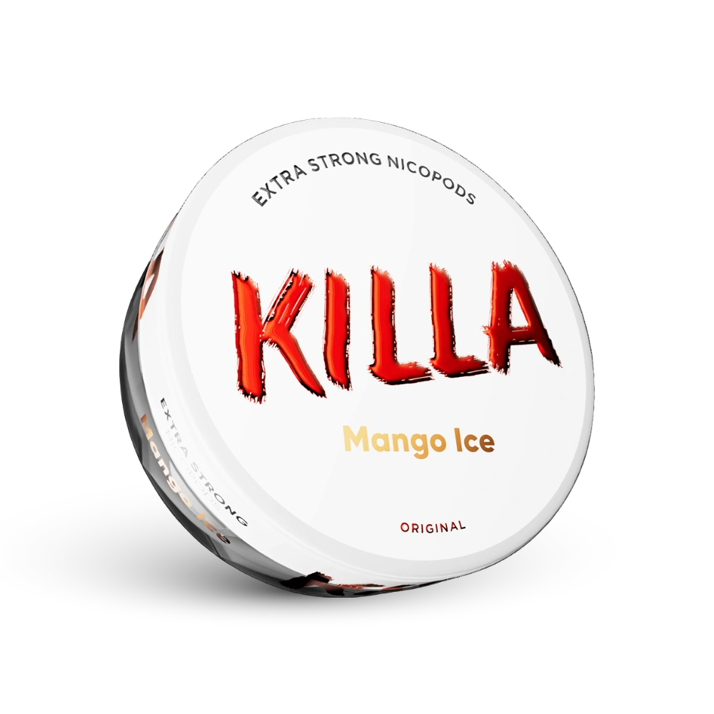 Bolsitas de Nicotina Killa Mango Ice Extra Strong, 16 mg, Dosis con diseño blanco y logo rojo