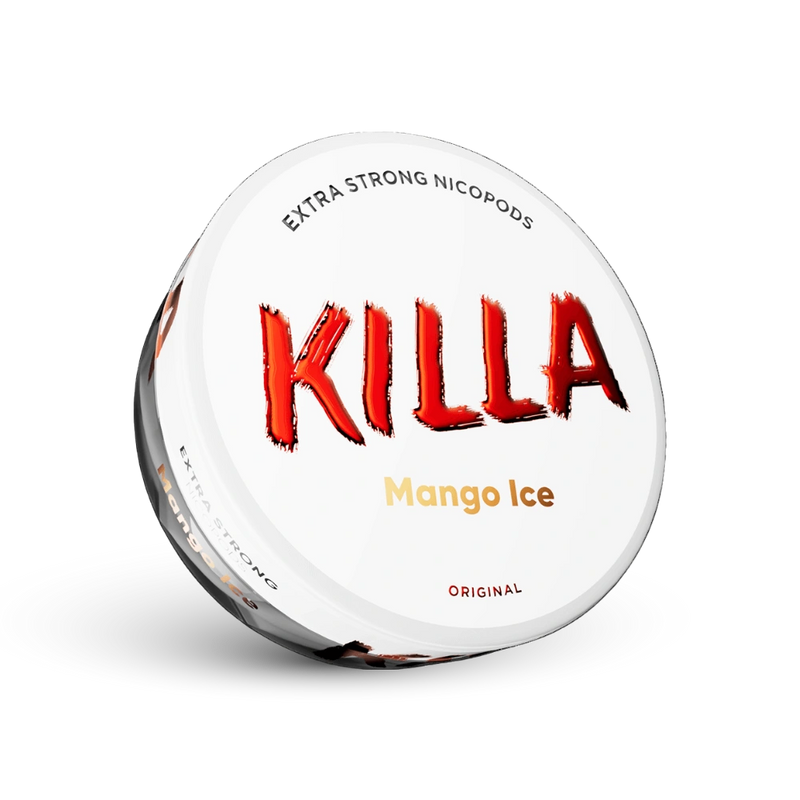 Bolsitas de Nicotina Killa Mango Ice Extra Strong, 16 mg, Dosis con diseño blanco y logo rojo