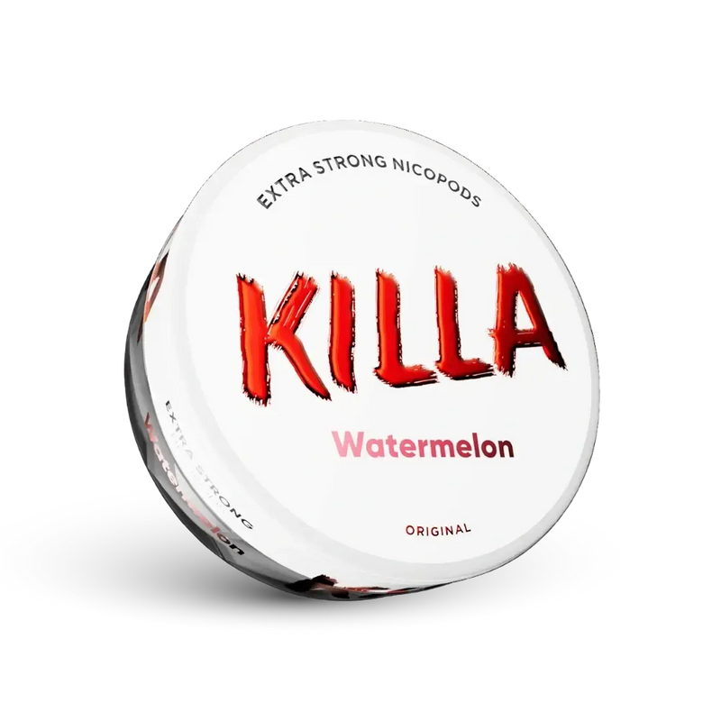 Killa Watermelon Extra Strong Nicotine Pouches Dosis con logo rojo y sabor a sandía