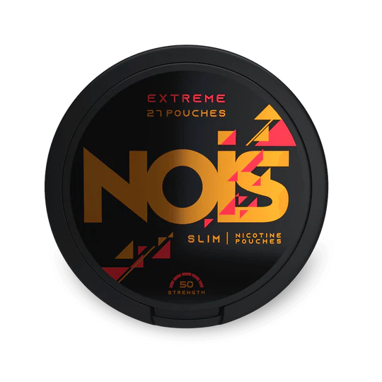 Bolsas de nicotina Nois Extreme Slim, 27 bolsas, 50 mg de fuerza, lata negra con logo dorado