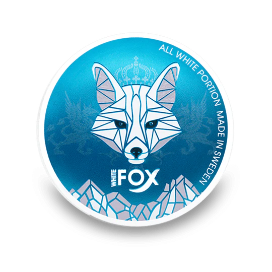 White Fox All White Portion Slim Nicotine Pouches en lata azul con logo de zorro
