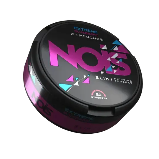 Nois Extreme Blueberry Slim Nicotine Pouches, 50mg Strength, 27 Beutel en lata negra